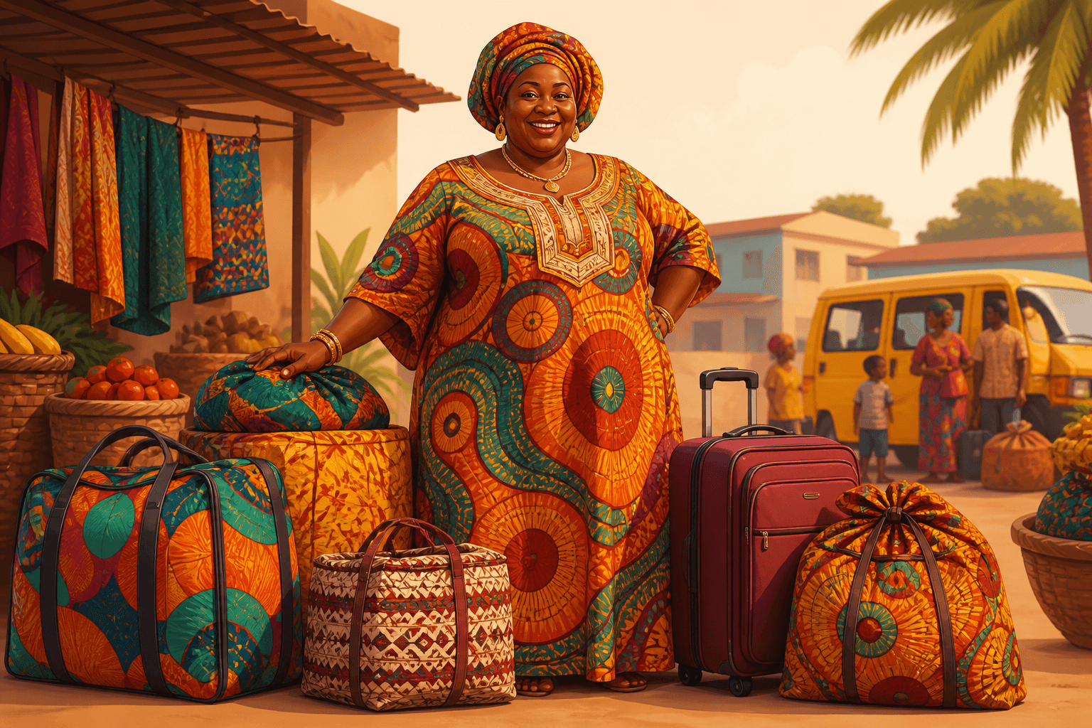 Super Mama standing with patterned bundles and luggage in a warm West African market, with a yellow minibus nearby